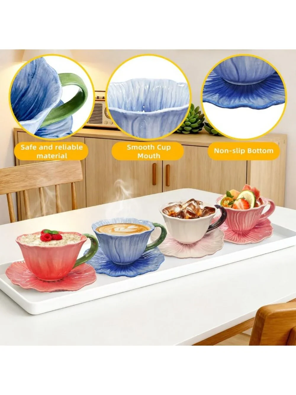 Elegant Floral Ceramic Tea Cups & Saucers Set - 10 oz Microwave & Dishwasher